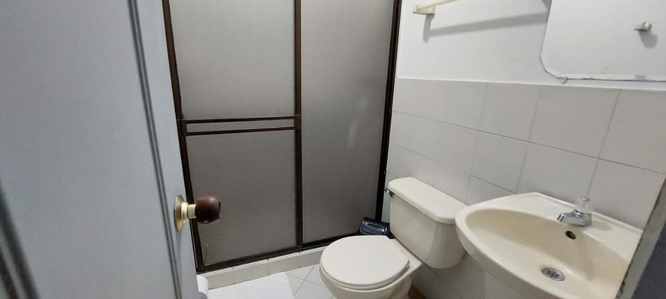 Shower, towels, soap, toilet paper