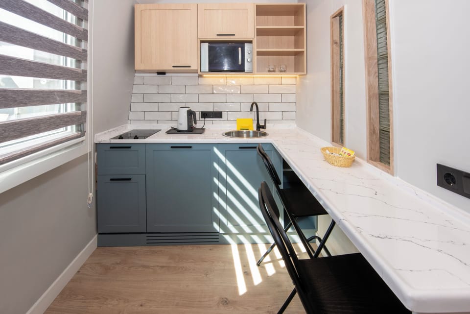 Deluxe Studio Suite | Private kitchen | Fridge, microwave, electric kettle, cookware/dishes/utensils