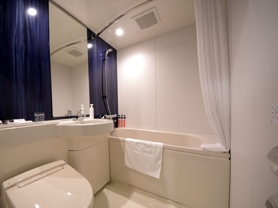 Combined shower/tub, free toiletries, hair dryer, slippers