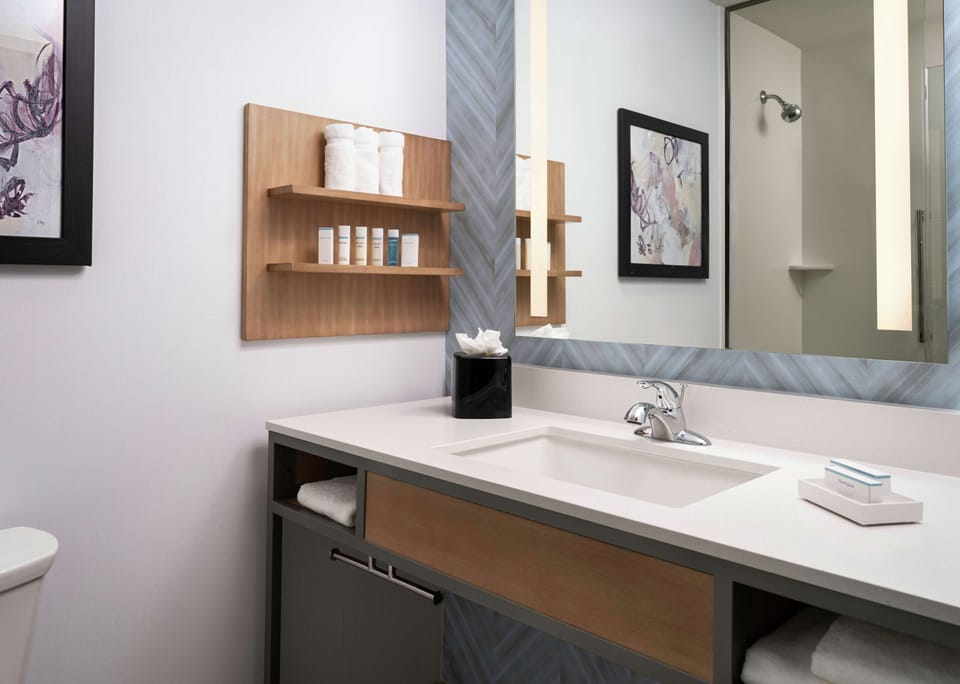 Combined shower/tub, free toiletries, hair dryer, towels