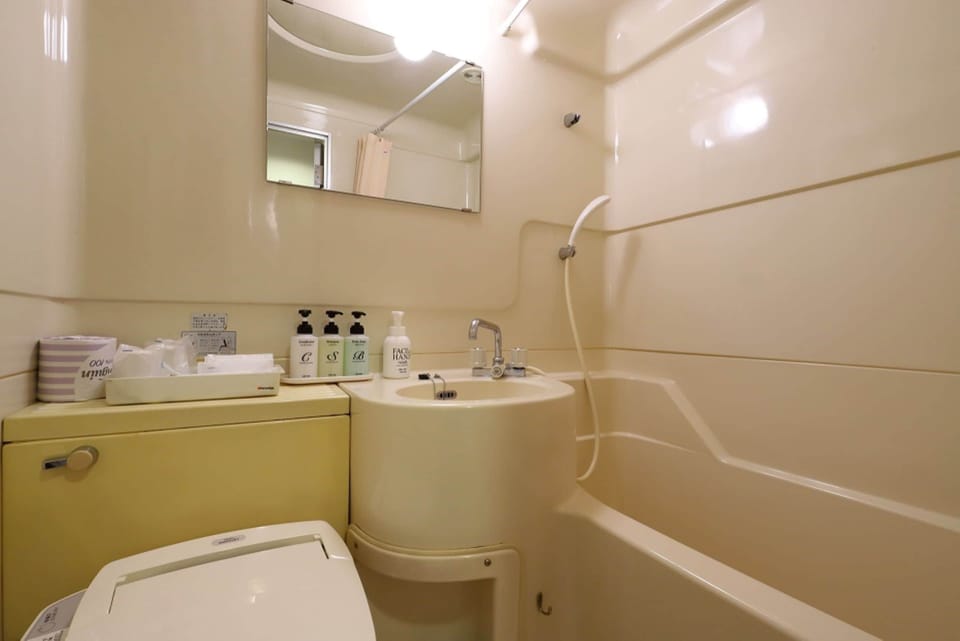 Combined shower/tub, deep soaking tub, hair dryer, slippers