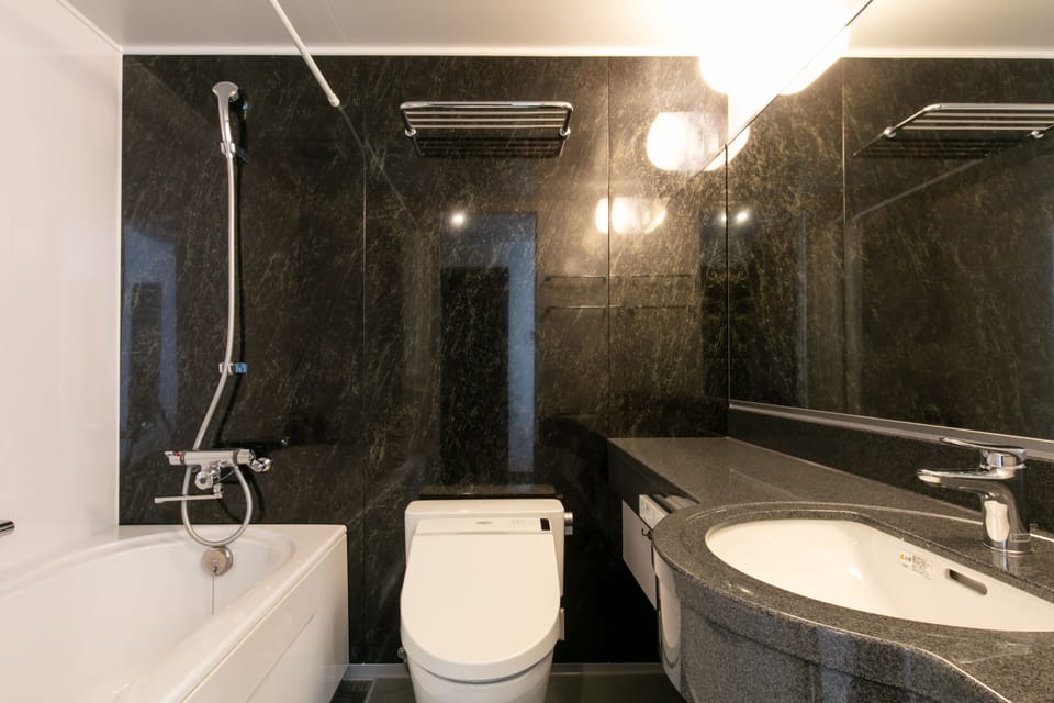 Combined shower/tub, free toiletries, hair dryer, bathrobes
