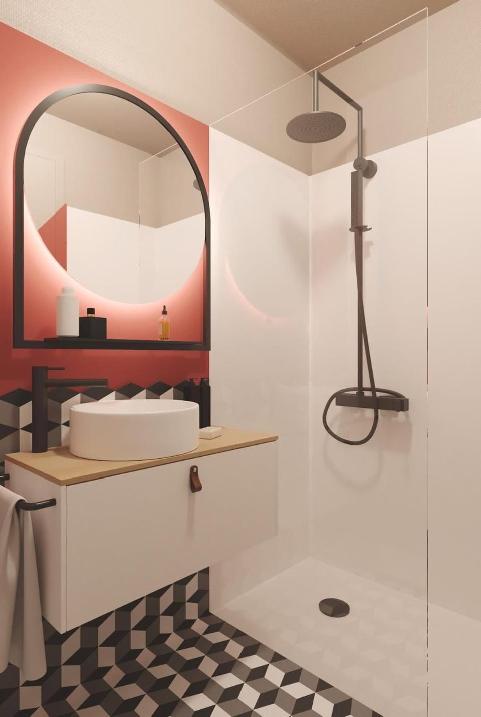 Shower, rainfall showerhead, free toiletries, hair dryer