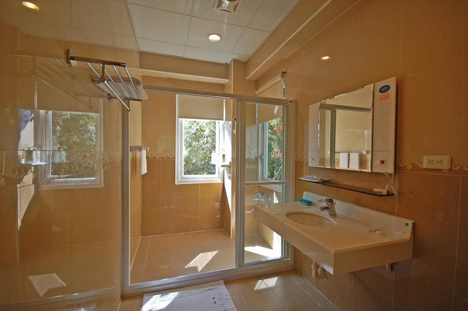 Shower, free toiletries, hair dryer, slippers