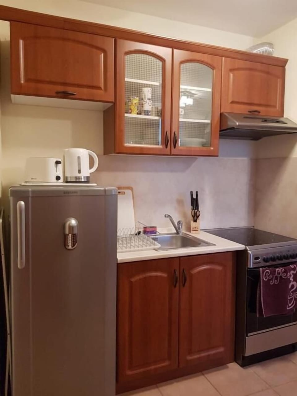 Fridge, microwave, stovetop, cookware/dishes/utensils