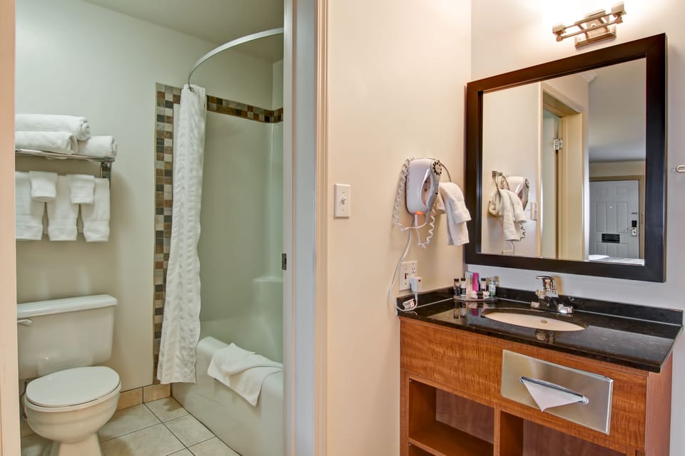 Combined shower/tub, hair dryer, towels