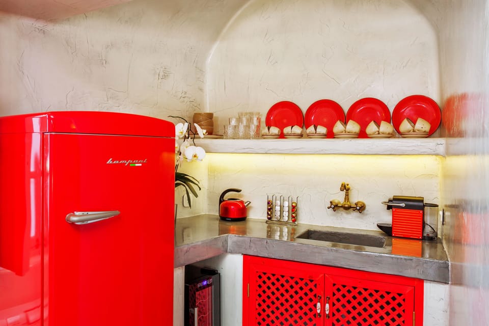 Ruby Suite with Outdoor Private Hot Tub | Private kitchen | Full-size fridge, espresso maker, coffee/tea maker, electric kettle
