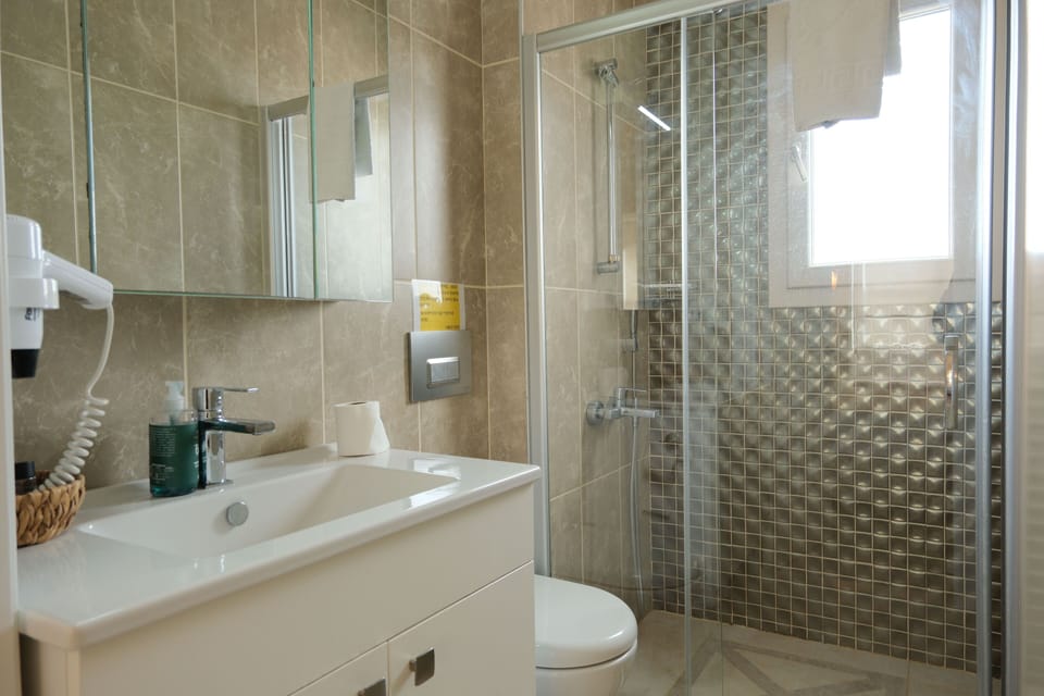 Shower, hair dryer, bathrobes, slippers