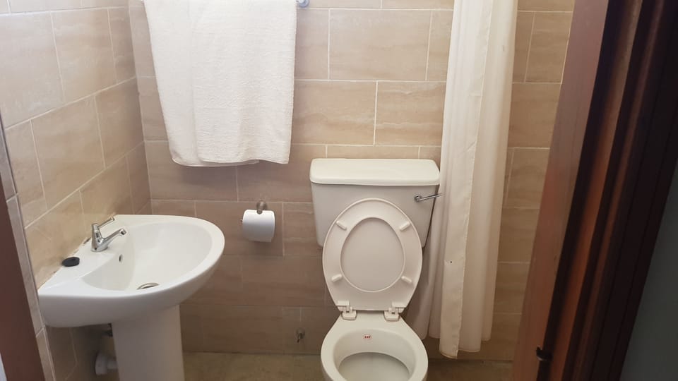 Shower, rainfall showerhead, free toiletries, towels
