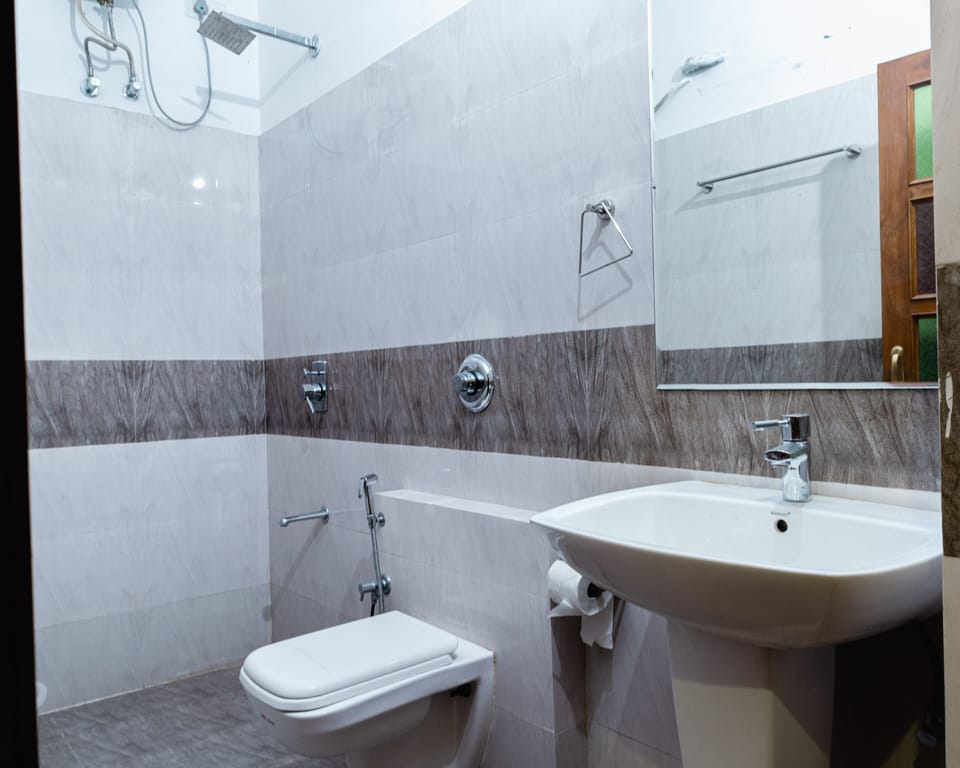 Shower, rainfall showerhead, hair dryer, slippers
