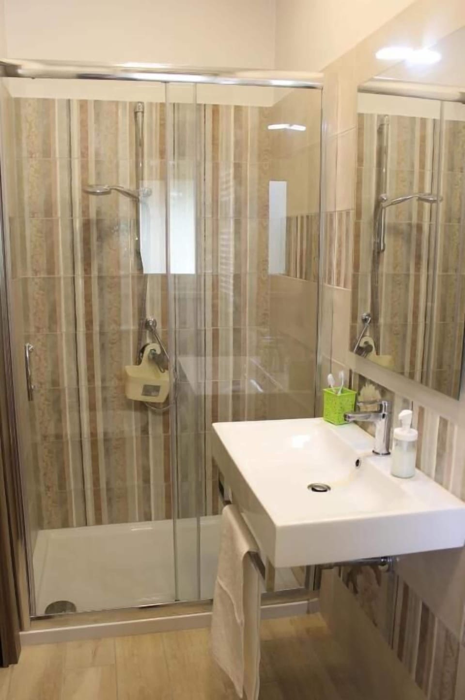 Shower, rainfall showerhead, hair dryer, bathrobes