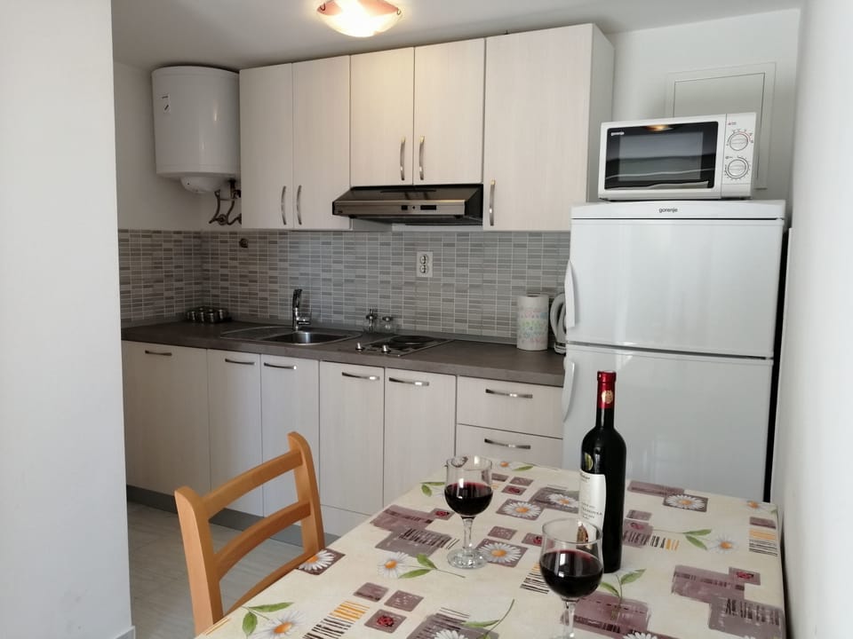 Apartment (A1) | Private kitchen | Fridge, microwave, stovetop, electric kettle