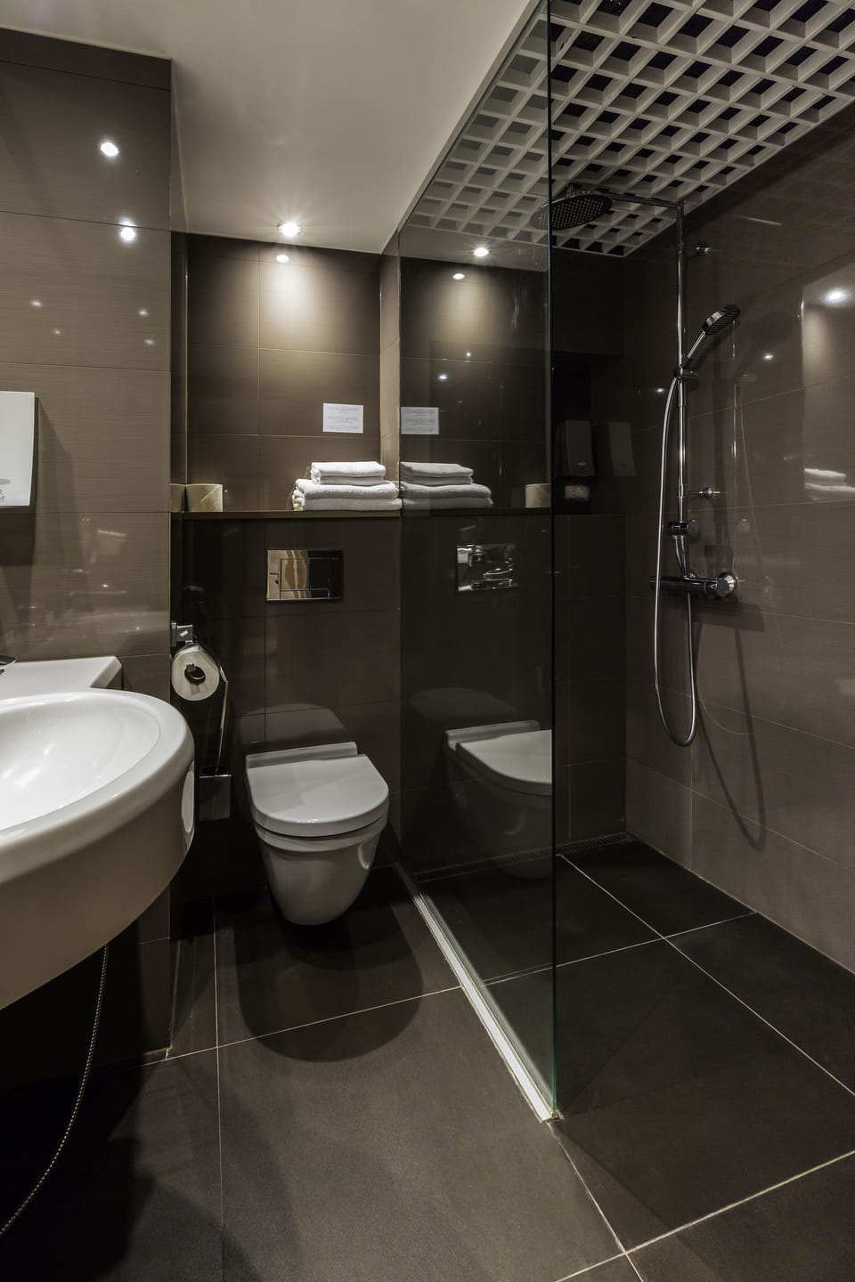 Shower, bathrobes, towels, soap