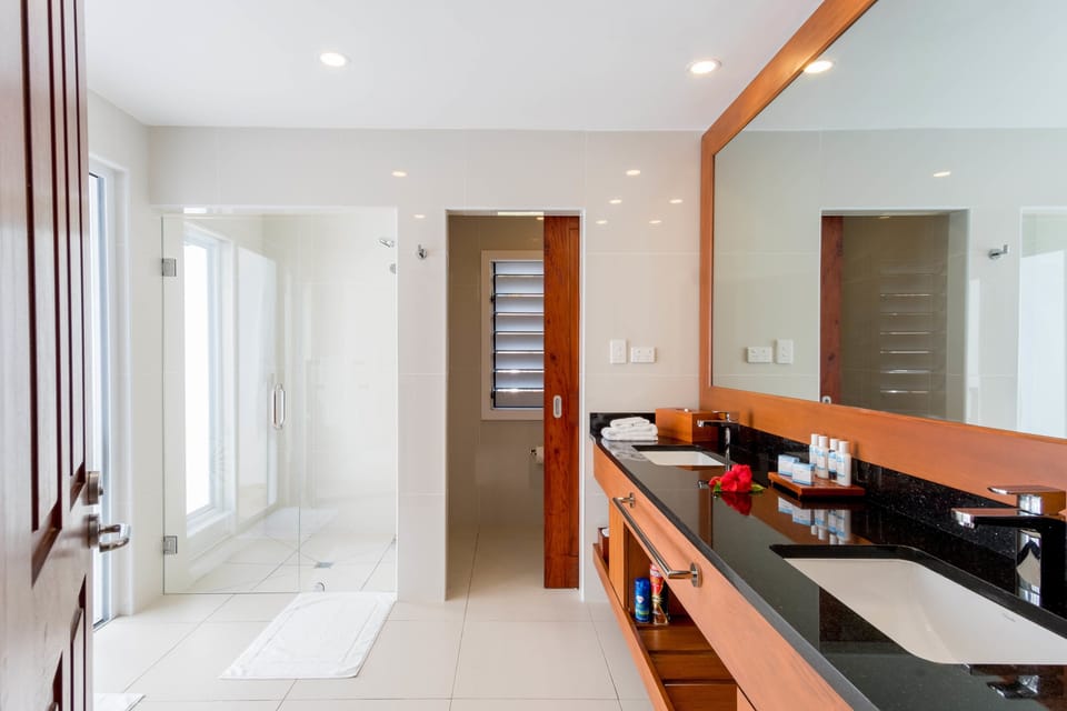 Shower, eco-friendly toiletries, hair dryer, bathrobes