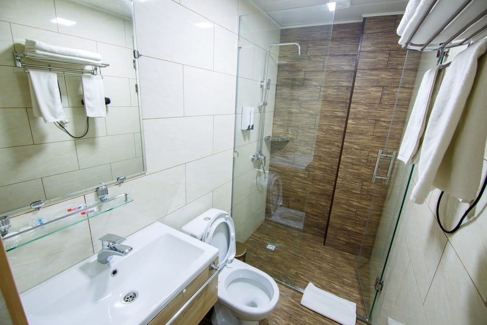 Shower, free toiletries, hair dryer, bathrobes