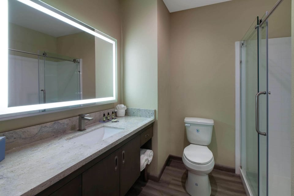 Hair dryer, towels, soap, shampoo
