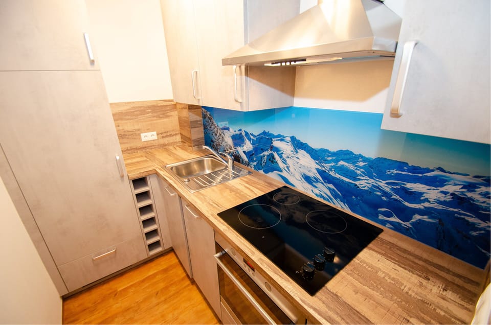 Penthouse 81 Kaprun | Private kitchen | Fridge, microwave, oven, stovetop