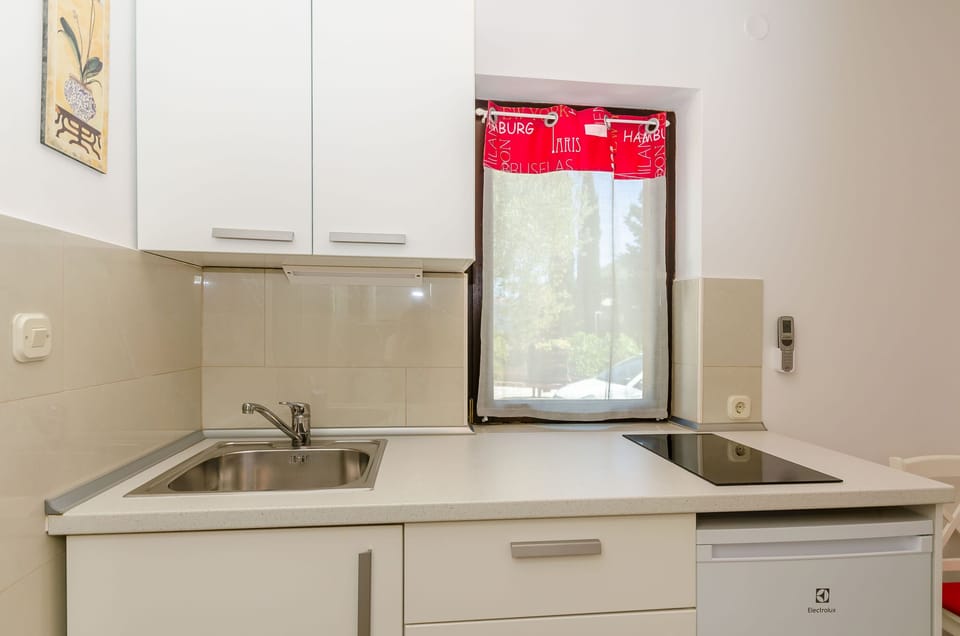 Apartment (A3) | Private kitchen | Fridge, stovetop, cookware/dishes/utensils, freezer
