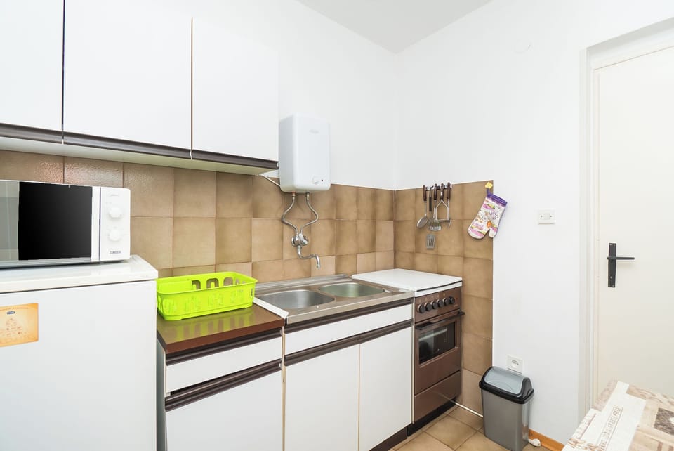 Apartment (A1) | Private kitchen | Fridge, microwave, oven, stovetop
