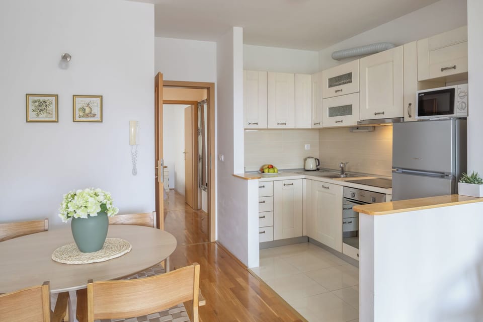 Apartment (A1) | Private kitchen | Fridge, microwave, oven, stovetop