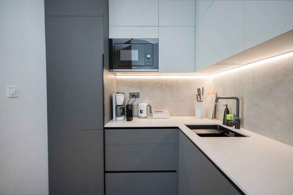 Apartment (A1) | Private kitchen | Fridge, microwave, oven, stovetop