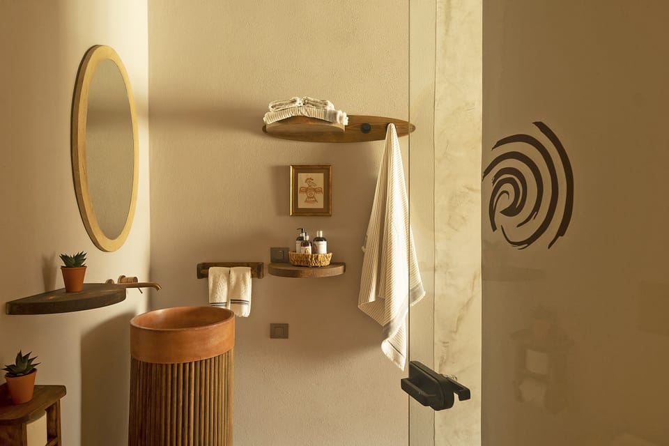 Shower, rainfall showerhead, designer toiletries, hair dryer