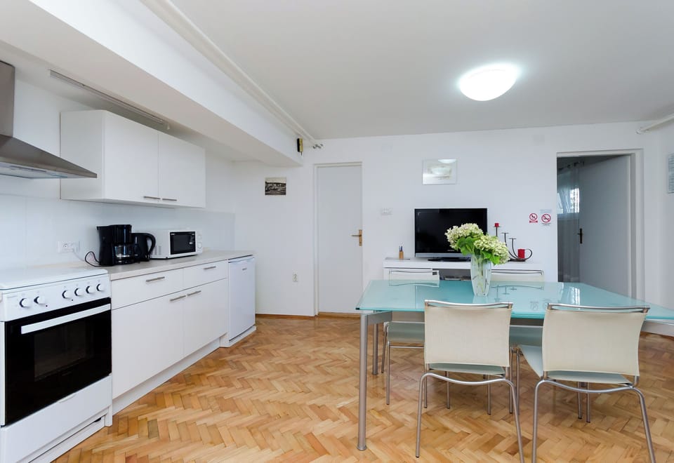 Apartment (A1) | Private kitchen | Fridge, microwave, oven, stovetop