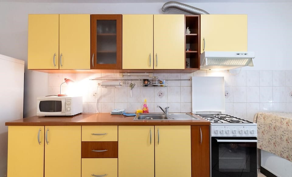 Apartment (A3) | Private kitchen | Fridge, microwave, oven, stovetop