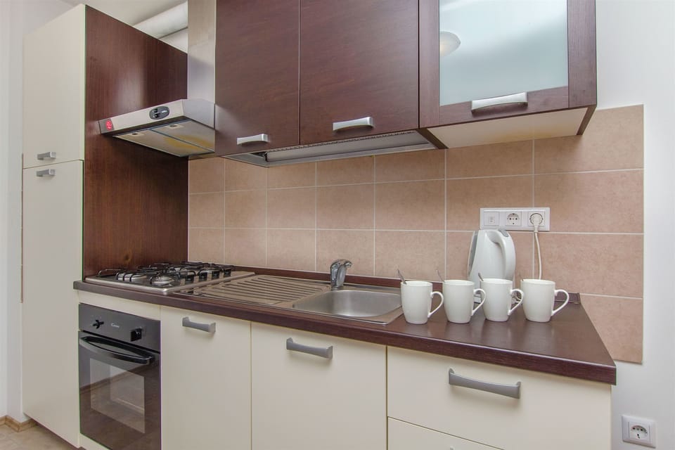 Apartment (A1) | Private kitchen | Fridge, stovetop, electric kettle, cookware/dishes/utensils