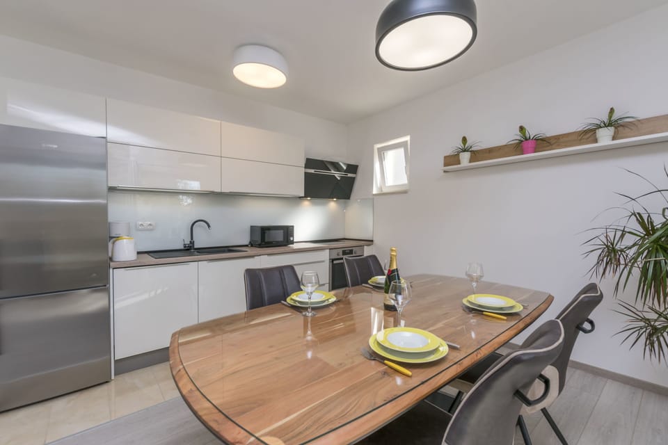 Apartment (A1) | Private kitchen | Fridge, microwave, oven, stovetop