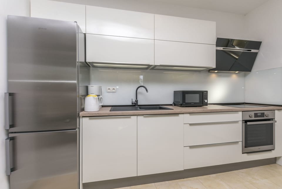 Apartment (A1) | Private kitchen | Fridge, microwave, oven, stovetop