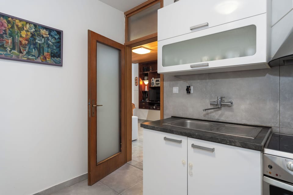 Apartment (A1) | Private kitchen | Fridge, microwave, oven, stovetop