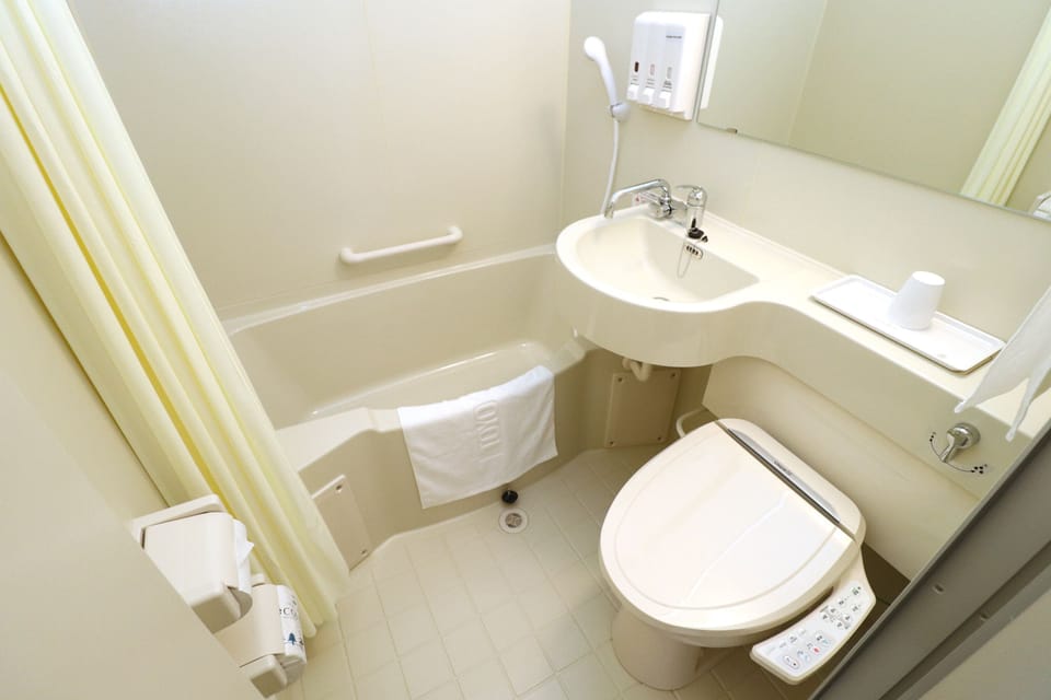 Combined shower/tub, free toiletries, hair dryer, slippers