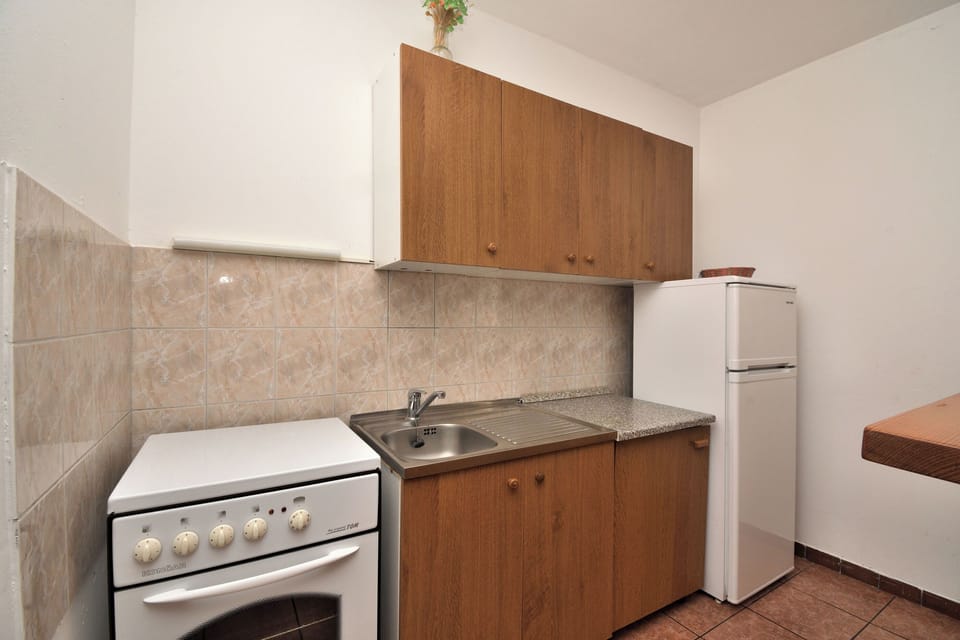 Apartment (A2) | Private kitchen | Fridge, microwave, oven, stovetop