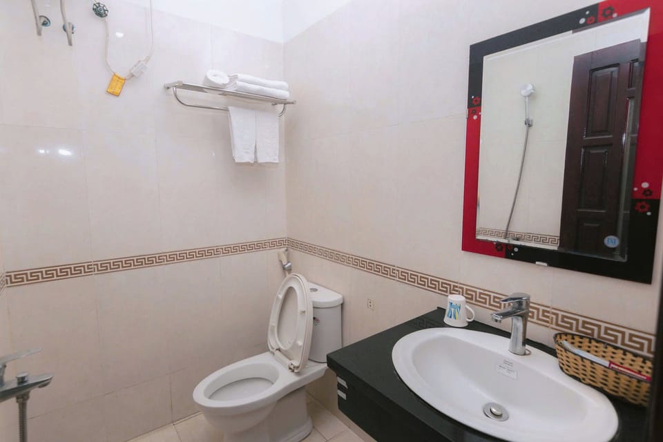 Shower, rainfall showerhead, hair dryer, slippers