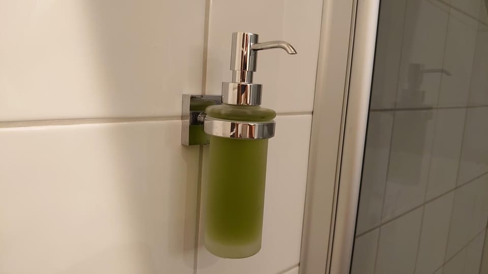 Shower, towels, soap, shampoo