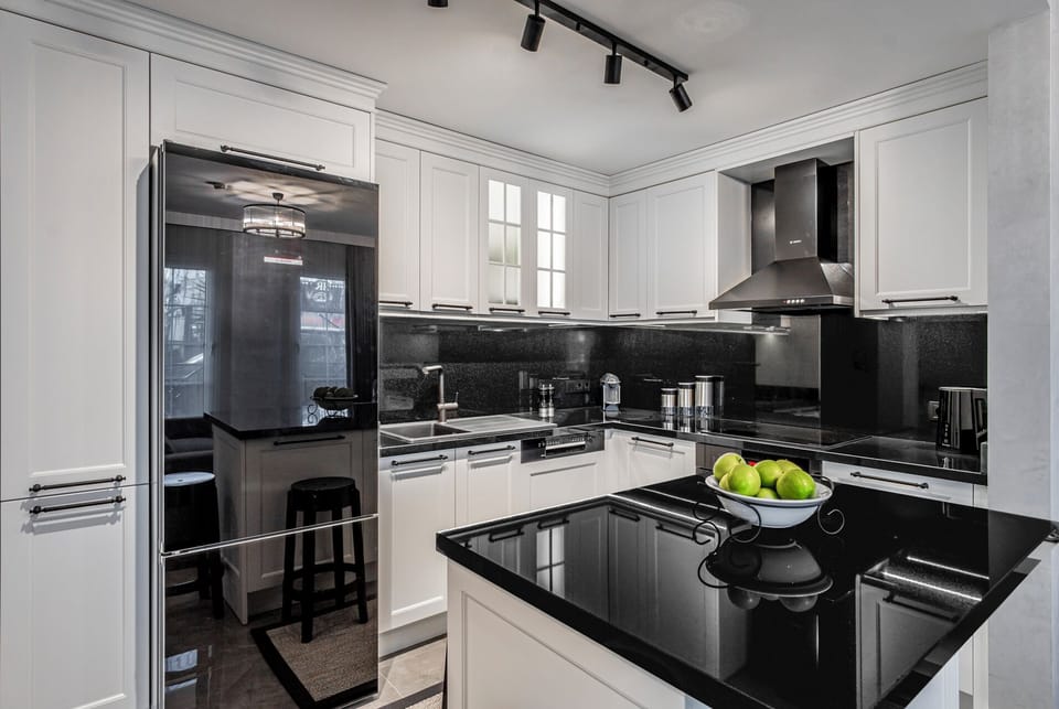 Full-size fridge, oven, stovetop, dishwasher
