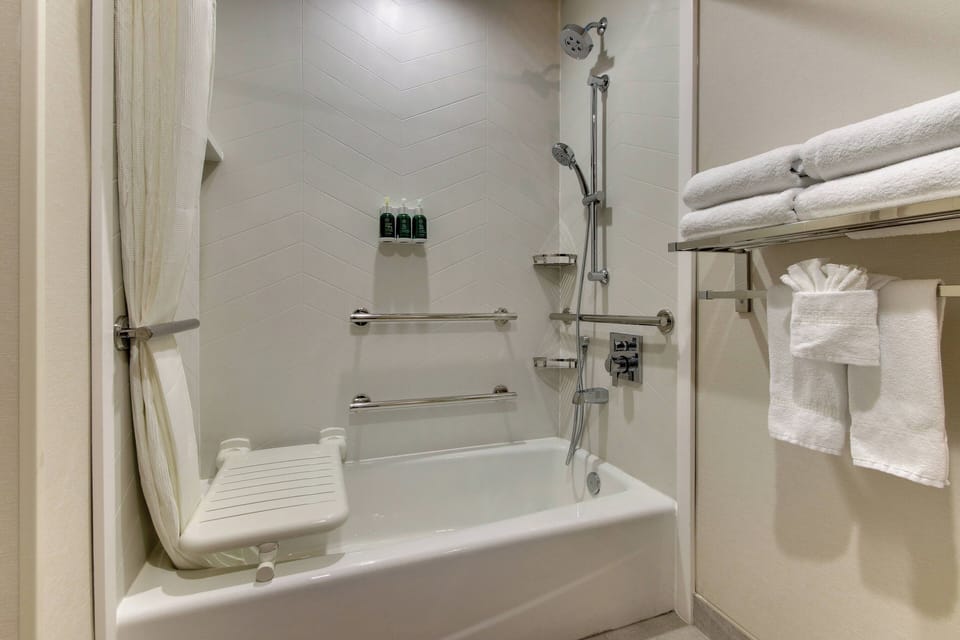 Combined shower/tub, free toiletries, hair dryer