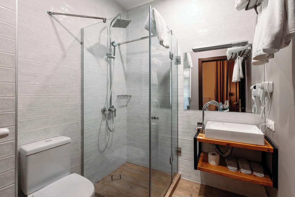 Shower, free toiletries, hair dryer, bathrobes