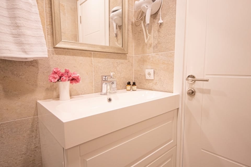 Shower, hydromassage showerhead, designer toiletries, hair dryer