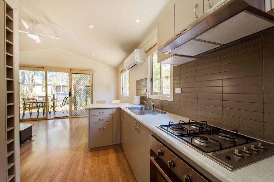 Full-size fridge, microwave, stovetop, electric kettle