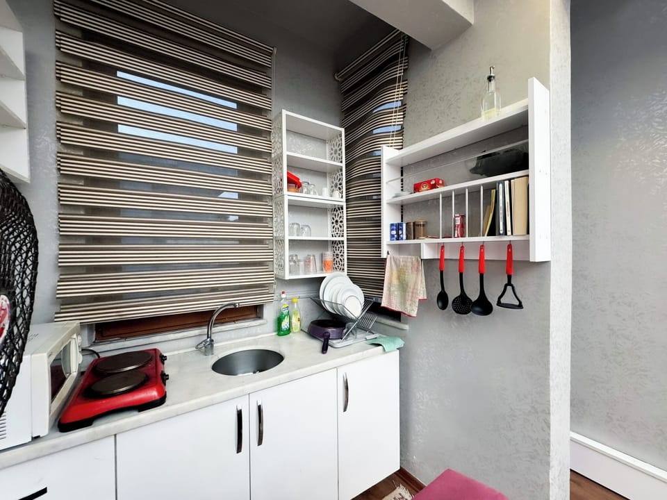 Fridge, electric kettle, cleaning supplies