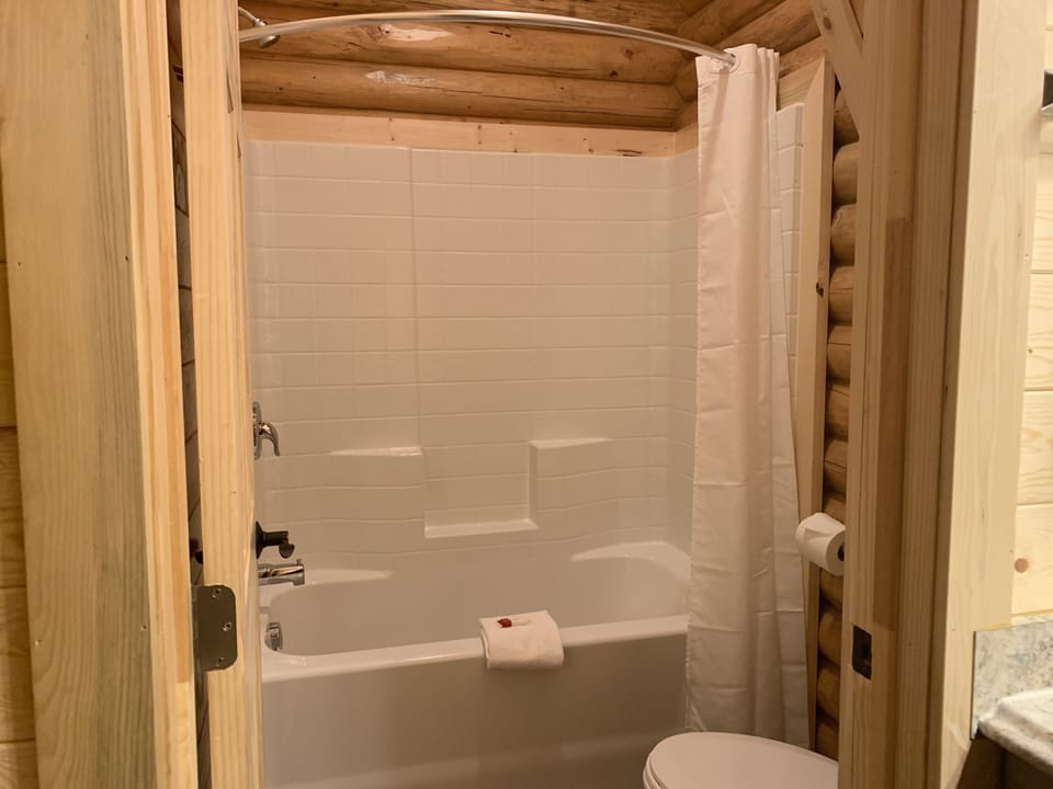 Combined shower/tub, deep soaking tub, free toiletries, hair dryer