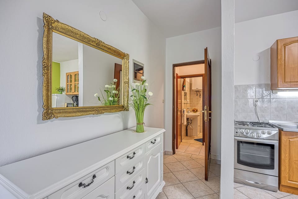 Apartment (A1) | Private kitchen | Fridge, microwave, oven, stovetop