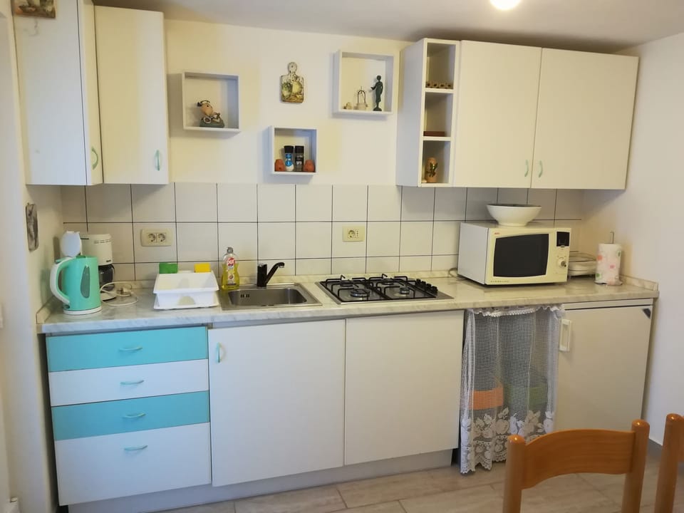 Fridge, microwave, stovetop, espresso maker