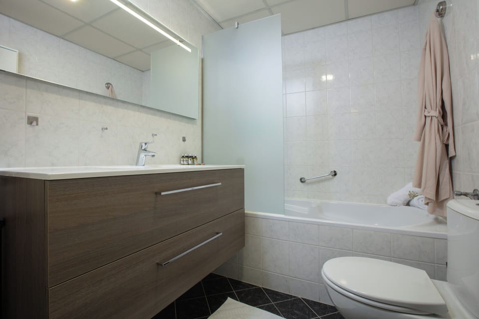 Combined shower/tub, hair dryer, towels