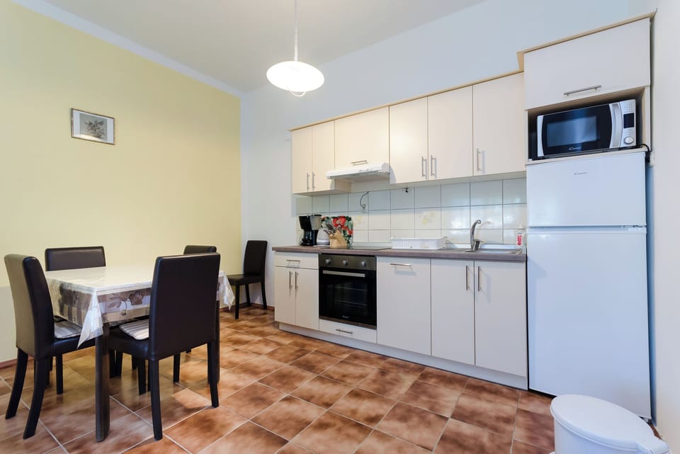 Apartment (A5) | Private kitchen | Fridge, microwave, oven, stovetop