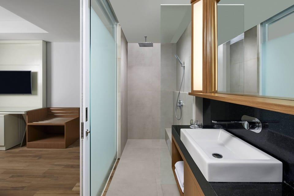 Shower, free toiletries, hair dryer, bathrobes