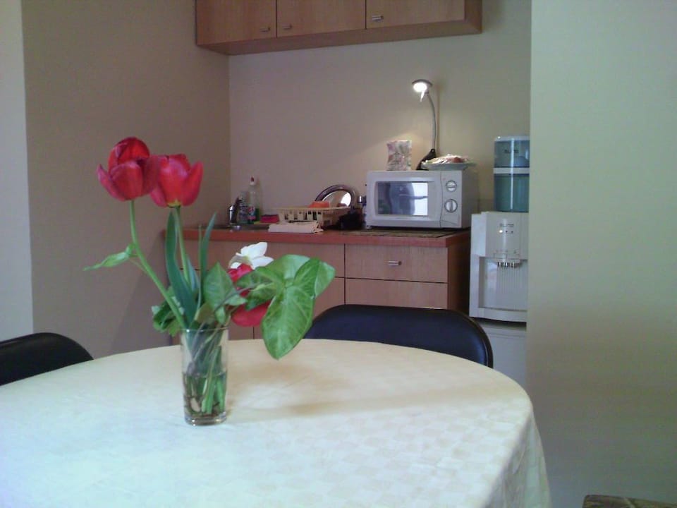 Fridge, microwave, coffee/tea maker, electric kettle