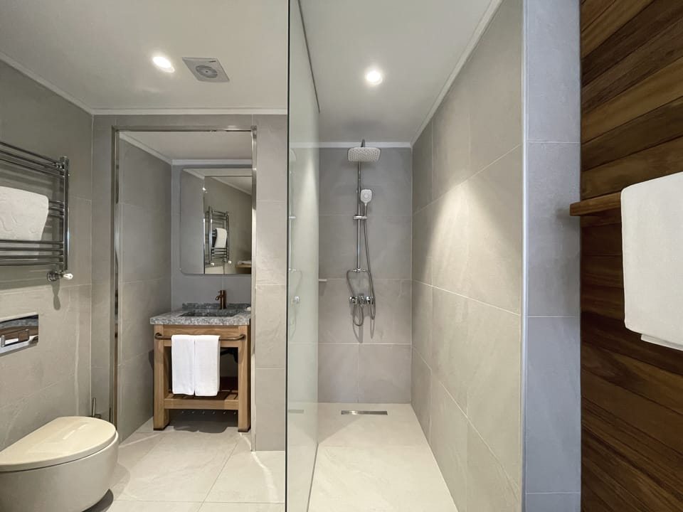 Terrace Deluxe Room, King | Bathroom | Shower, rainfall showerhead, free toiletries, hair dryer